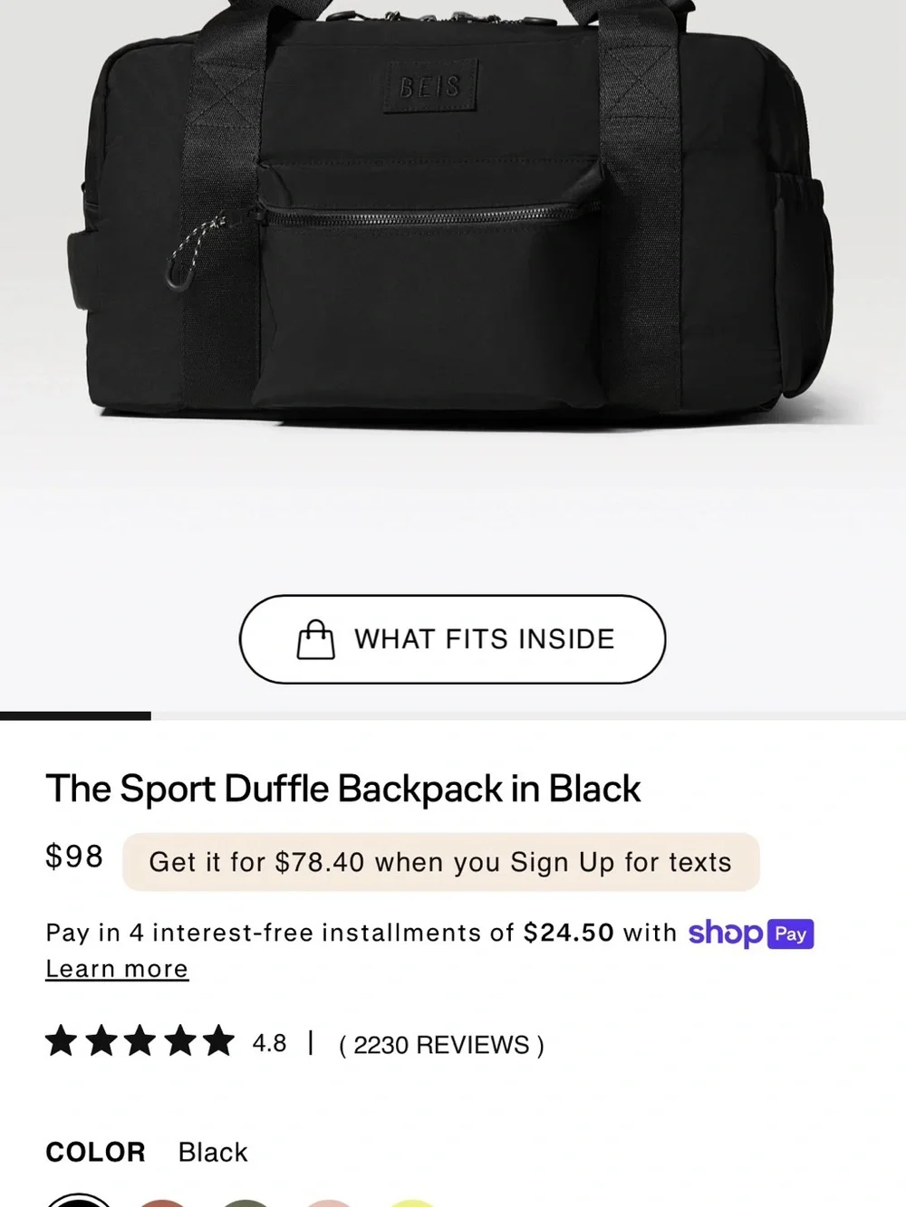 BEIS Sport Duffle Backpack in Black